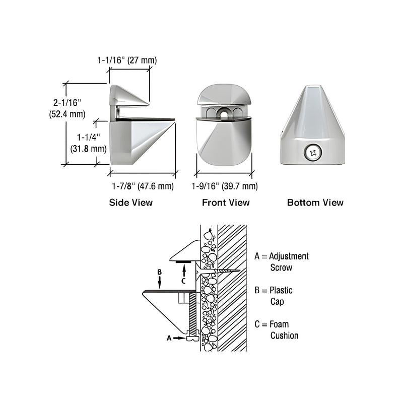 Technical diagram showing side, front, and bottom views of a polished chrome adjustable shelf clamp with installation details.