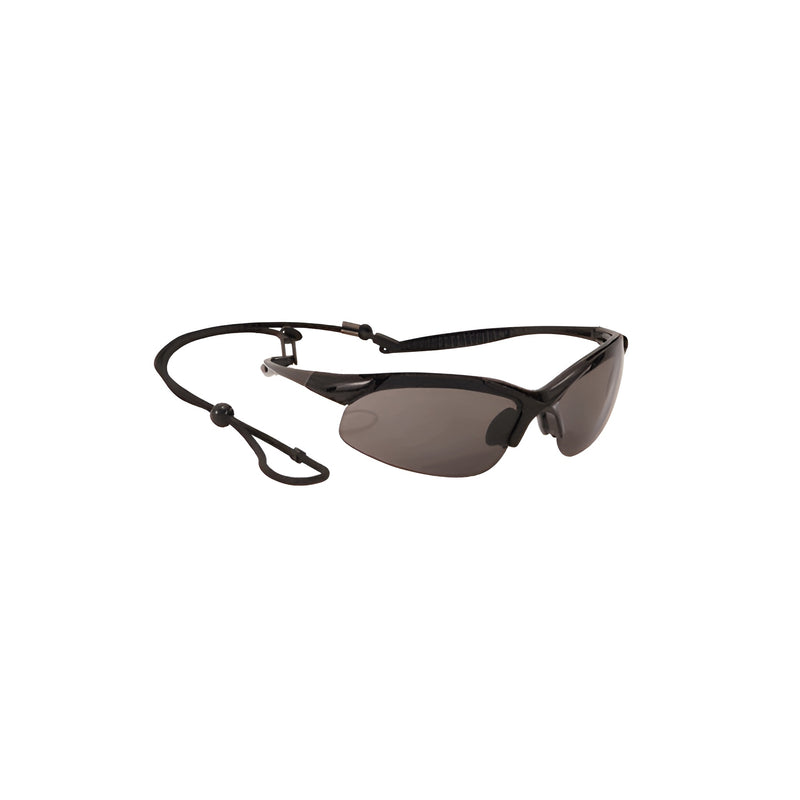 A pair of black polycarbonate safety glasses with smoke-tinted lenses and an attached black adjustable neck cord.