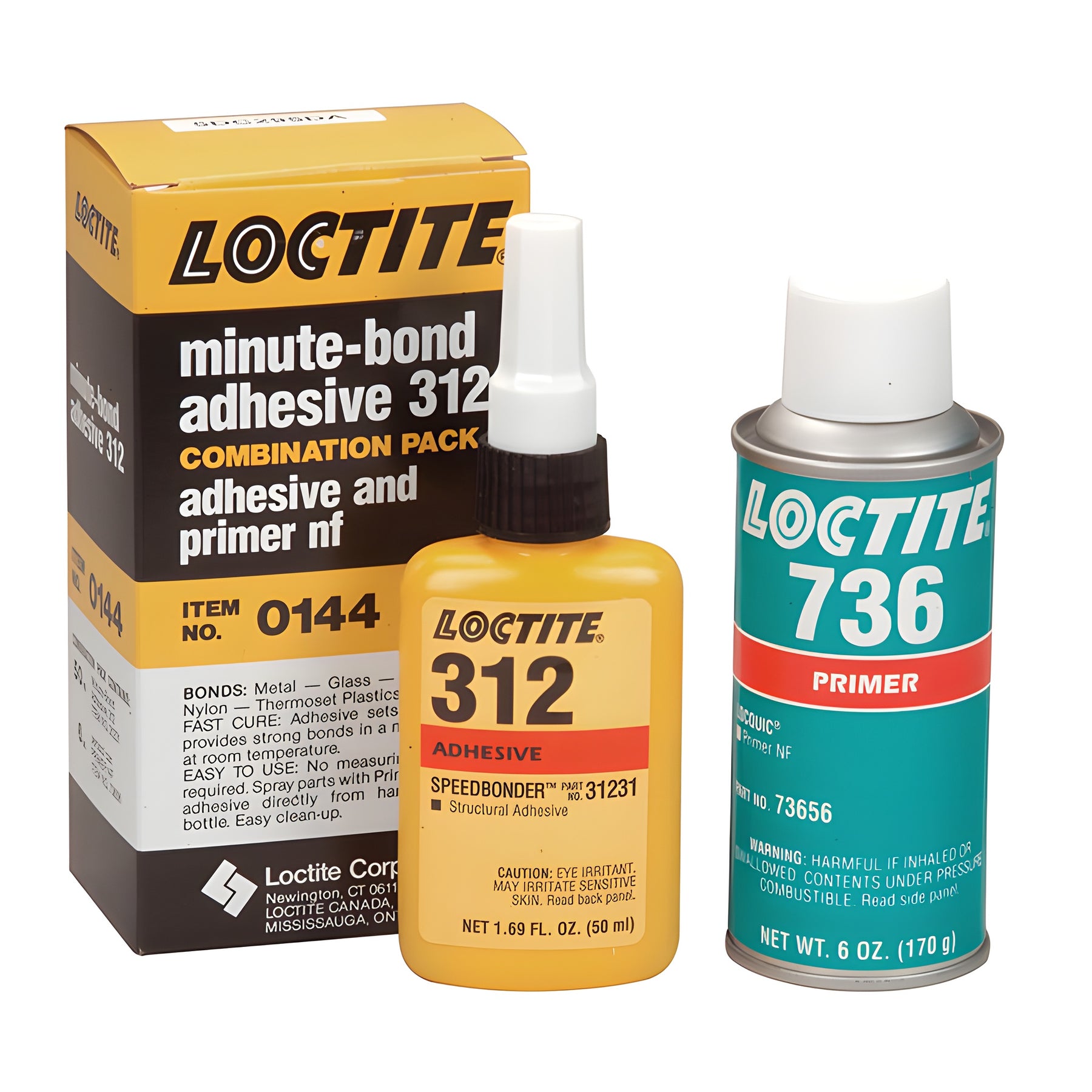 A Loctite Minute Bond adhesive and primer combination pack featuring a yellow adhesive bottle, a teal primer spray can, and their original retail box.