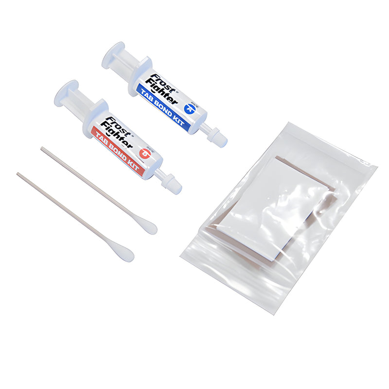 A Frost Fighter rear defroster tab repair kit containing two adhesive syringes, two cotton swabs, and a plastic bag with components.