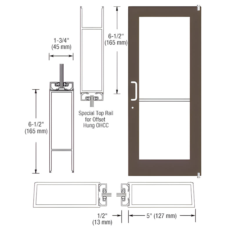 Technical diagram showing the profile dimensions and elevation of a Series 550 wide stile offset pivot entrance door in black bronze anodized finish.