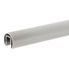 A section of brushed stainless steel cap rail with a U-shaped channel for glass mounting.