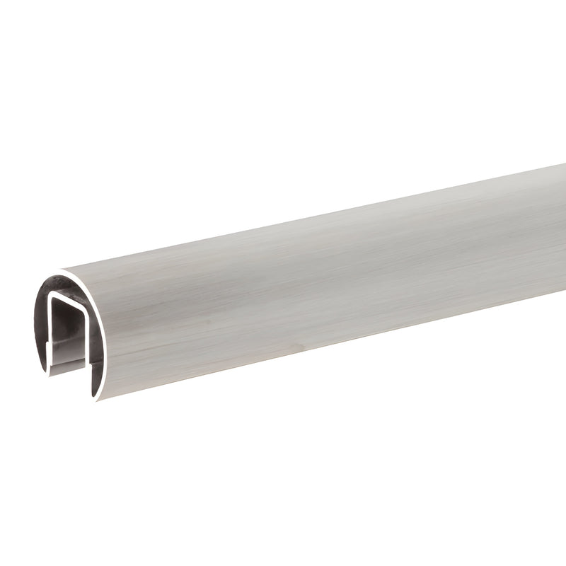 A section of brushed stainless steel cap rail with a U-shaped channel for glass mounting.