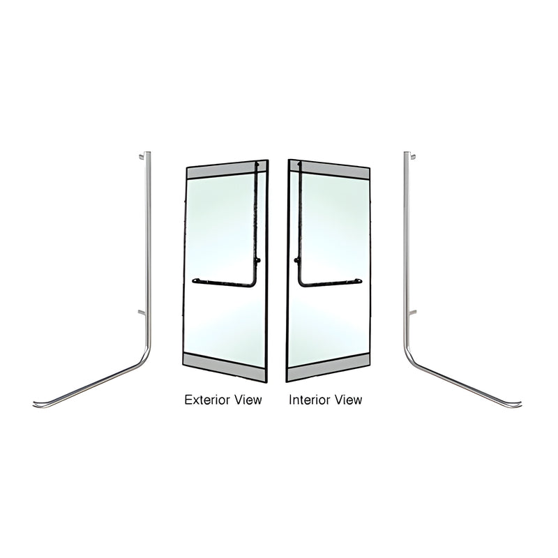 A technical diagram showing a left hand reverse rail mount D-handle in polished stainless steel for 1/2 inch glass doors.