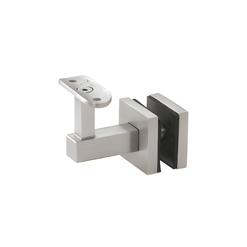 A brushed stainless steel Shore Series glass mounted hand rail bracket shown from a side angle.