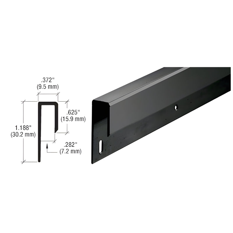A technical diagram and a perspective view of a gloss black aluminum J-channel showing its dimensions and profile.