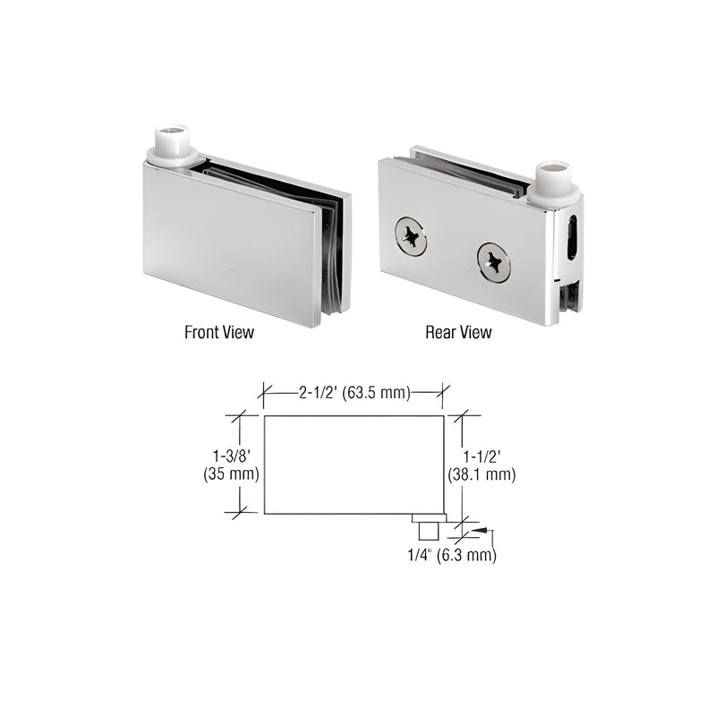 Front and rear views of polished chrome flush mount cabinet pivot hinges with an accompanying technical dimension diagram.