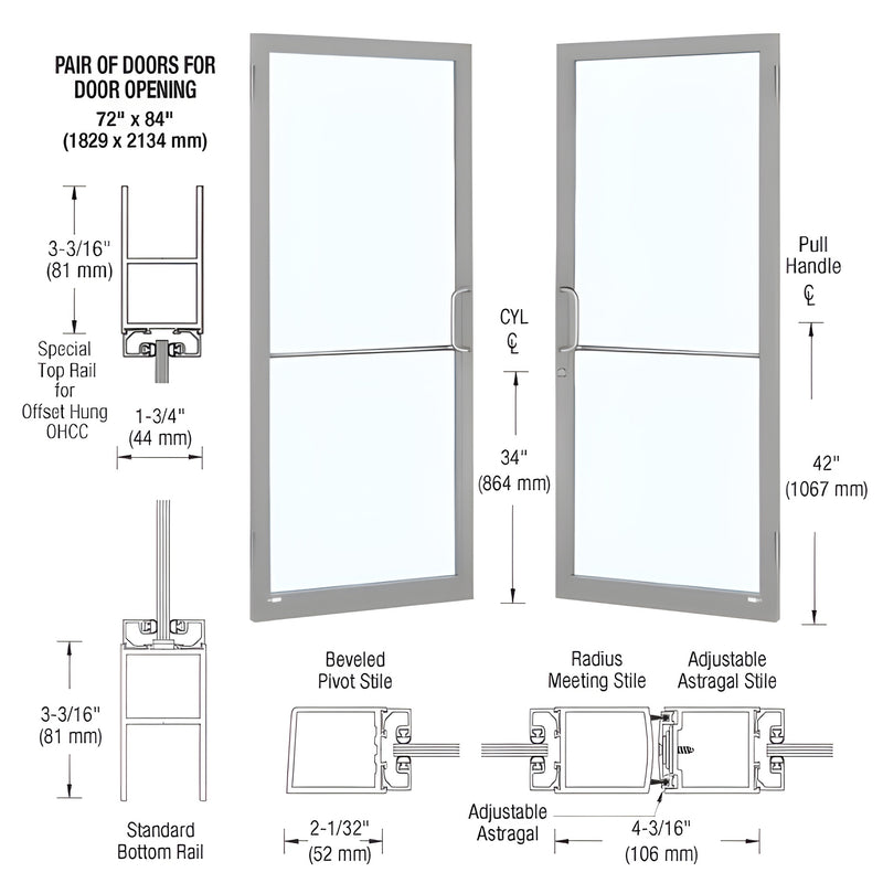 A technical diagram showing a pair of 72" x 84" Series 250 narrow stile entrance doors with clear anodized finish and detailed rail and stile profiles.