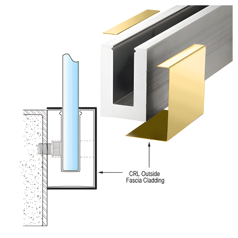 A technical diagram showing the installation of polished brass outside fascia cladding onto a glass railing base channel.