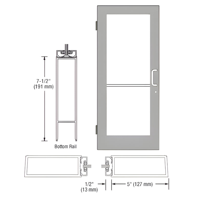 Technical diagram showing the profile and dimensions of a 550 Series wide stile aluminum door with a 7-1/2 inch bottom rail.