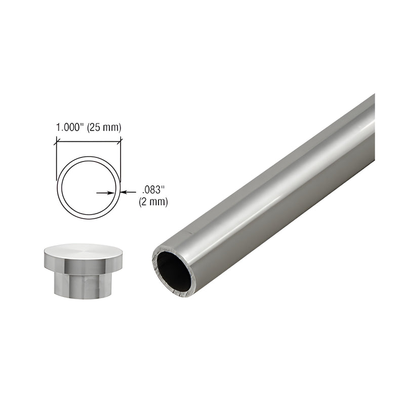A 104-inch polished stainless steel sliding tube shown with a technical cross-section diagram and a matching end cap.
