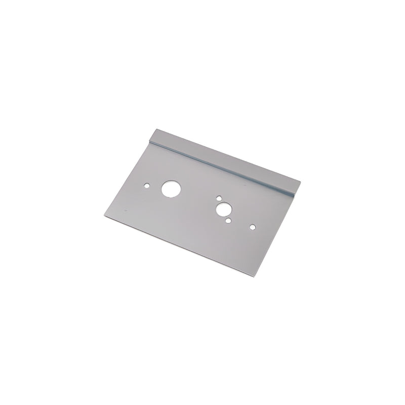 A brushed stainless steel left hand center lock latch guard plate with pre-drilled mounting holes.