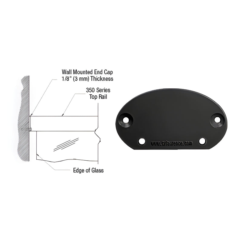 A matte black wall mount end cap for 350 series top rails shown alongside a technical diagram of its installation against a wall.