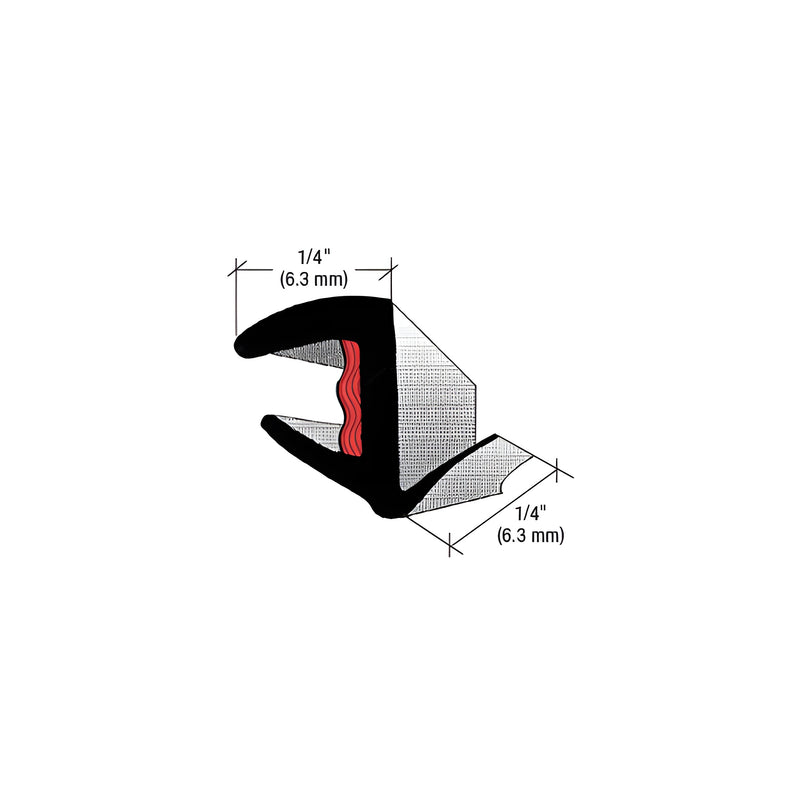 A technical diagram showing the cross-section profile of 1/4 inch black EPDM glass cavity trim molding with an integrated red butyl seal.