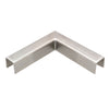 A brushed stainless steel 90-degree horizontal corner fitting for low profile cap railings.