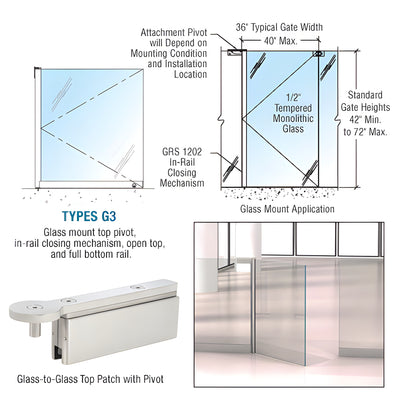 CRL Brushed Stainless 1202 Series Custom Glass-to-Glass Mounted Gate w/In-Rail Closing Mechanism, Open Top, and Full Bottom Rail