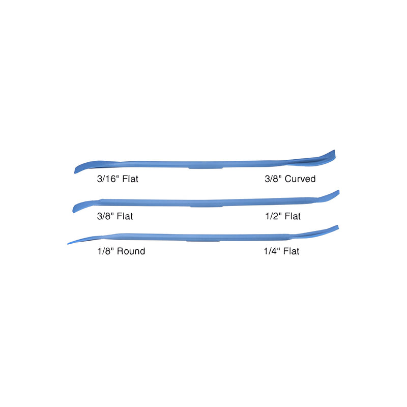 Three blue sealant spatulas with different tip shapes including flat, curved, and round ends.