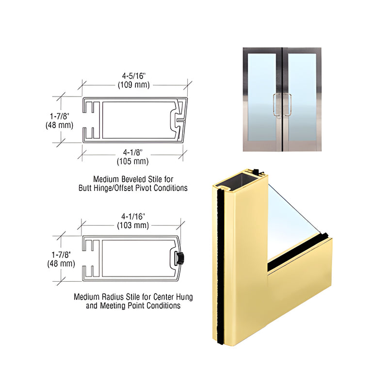 Technical diagrams and a 3D corner view of the CRL satin brass medium stile clad full framed door system.