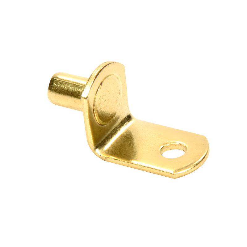 A polished brass-plated steel shelf support featuring an L-shaped design with a mounting pin and a screw hole.