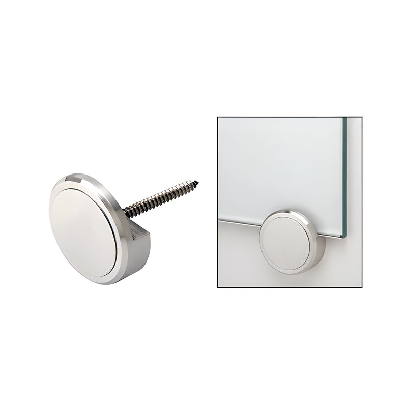 A 1-1/4 inch brushed stainless steel panel clip shown with a mounting screw and installed on a glass panel.