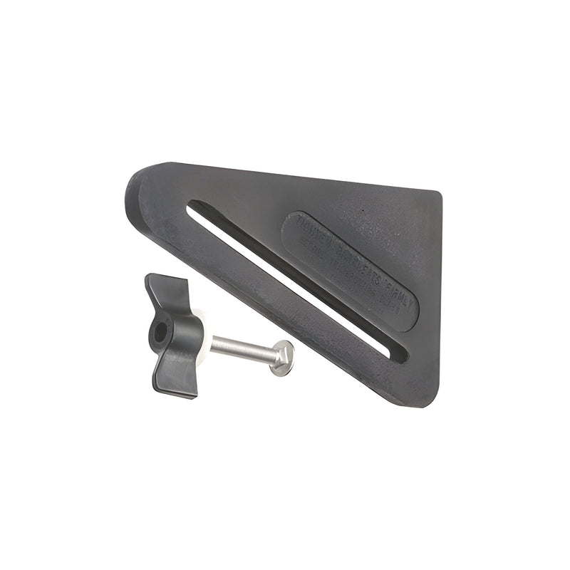 A fiber-impregnated rubber Barkleat and a stainless steel bolt with a wing nut are displayed against a white background.