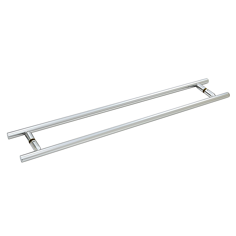 A polished chrome ladder-style back-to-back towel bar designed for glass shower enclosures.