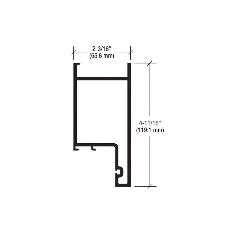 A technical line drawing showing the cross-section profile of a 4-11/16 inch aluminum top rail for 9/16 inch glass.