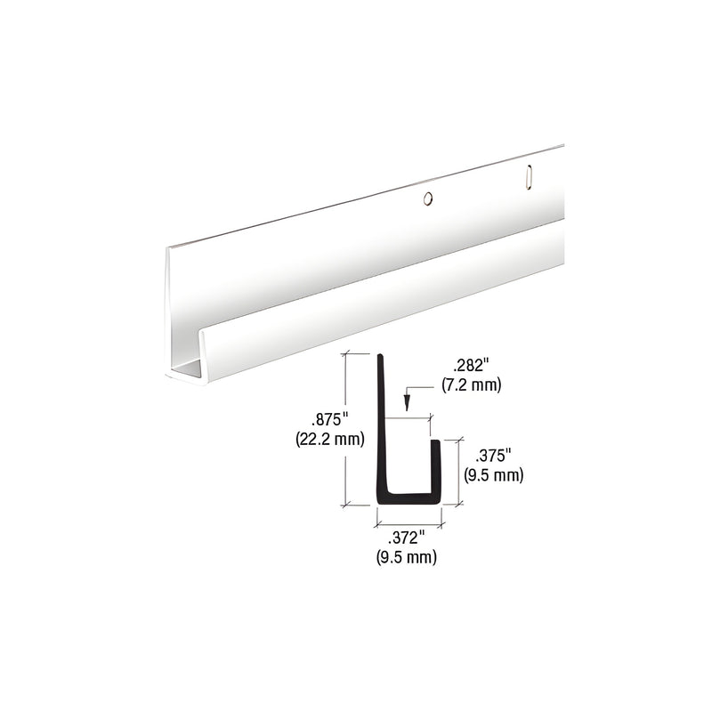 A white aluminum J-channel profile shown with a technical cross-section diagram detailing its 7/8 inch height and 0.282 inch inside dimension.