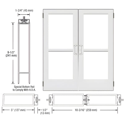 CRL-U.S. Aluminum White KYNAR® Paint Custom Size Pair Series 550 Wide Stile Butt Hinge Entrance Door With Panics for Surface Mount Door Closers