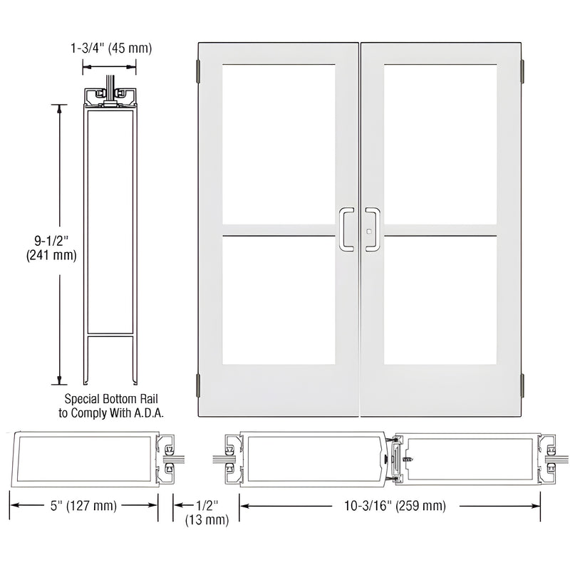 Technical diagram showing a pair of wide stile entrance doors with butt hinges, panic hardware, and ADA-compliant bottom rail dimensions.