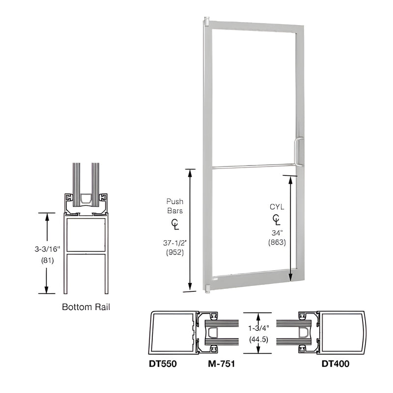 Technical line drawing showing the 250 Series narrow stile inactive door leaf with offset pivots and standard bottom rail dimensions.