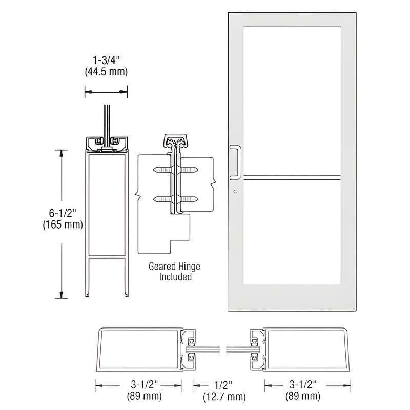 Technical diagram showing the profile and dimensions of a CRL-U.S. Aluminum Series 400 medium stile entrance door with an included geared hinge.