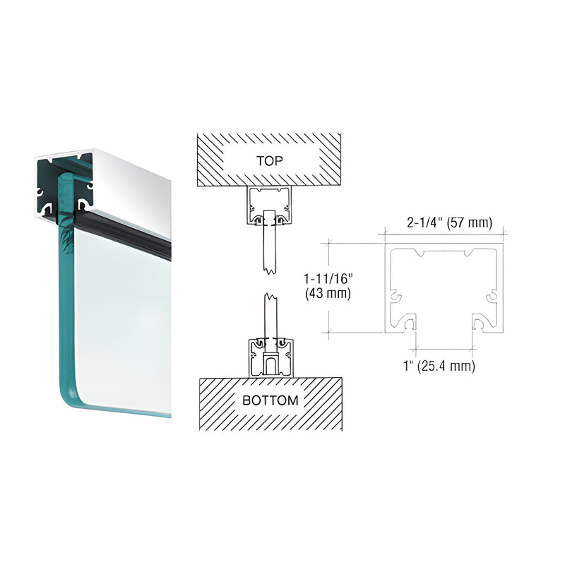 A technical diagram showing the profile and installation of a polished stainless steel wide U-channel for thick glass panels.