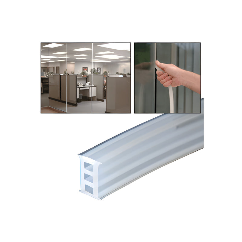 A close-up view of the clear extruded silicone gasket profile alongside images showing its application in glass-to-glass office partitions.
