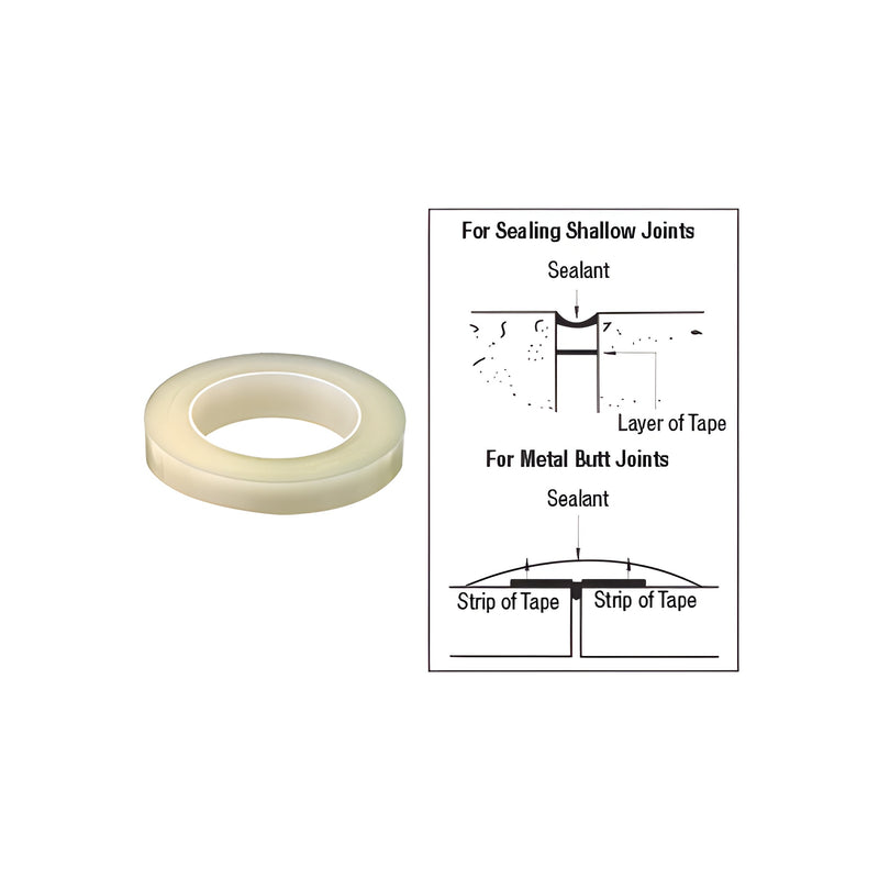 A roll of adhesive bond breaker tape is shown next to a diagram illustrating its use in sealing shallow joints and metal butt joints.