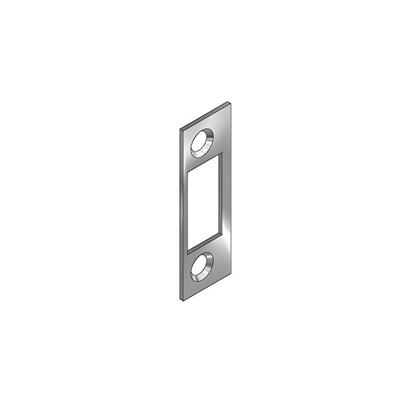 A metallic rectangular Fallbrook XL strike plate with two countersunk screw holes and a central cutout.