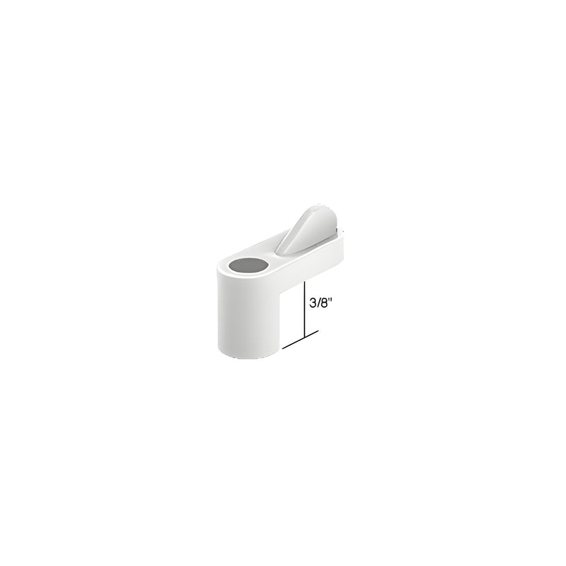 A single white plastic window screen wing clip with a 3/8 inch offset measurement shown.