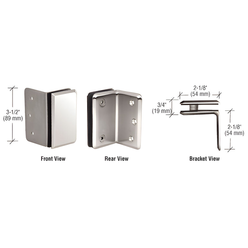 Front, rear, and side views of a polished nickel brass wall mount bracket for glass panels with labeled dimensions.