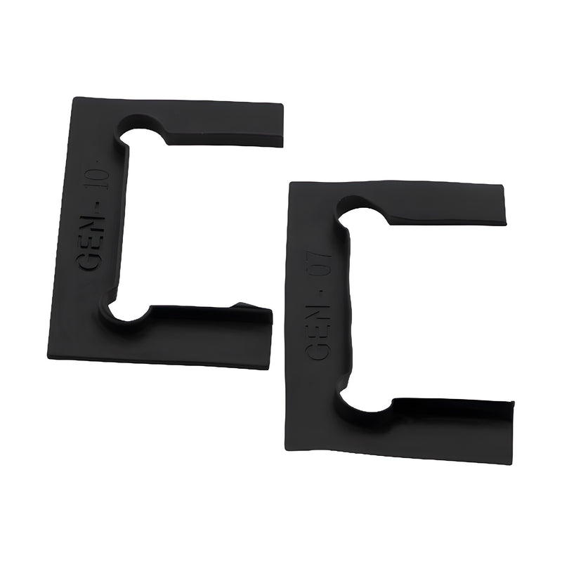 Two black polycarbonate replacement gaskets for Geneva series hinges are displayed against a white background.