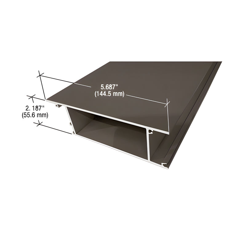 A cross-section view of a dark bronze aluminum top door rail showing its 5.687-inch width and 2.187-inch height dimensions.