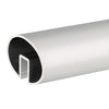 A close-up view of the satin anodized oval extruded aluminum cap rail showing the interior glazing channel.