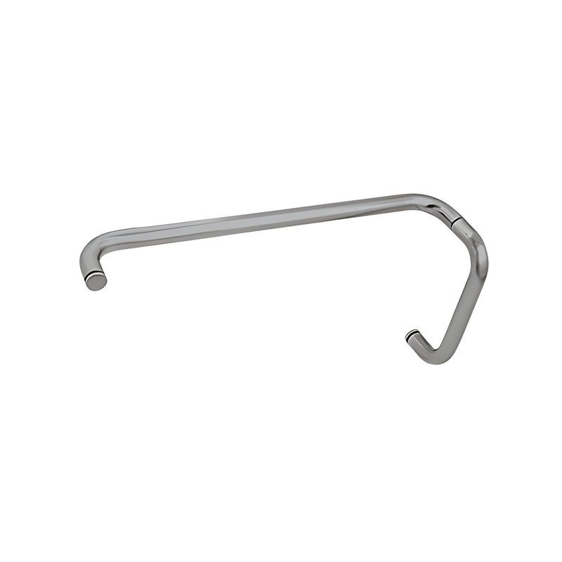 A brushed nickel CRL BM Series combination pull handle and towel bar for glass shower doors.