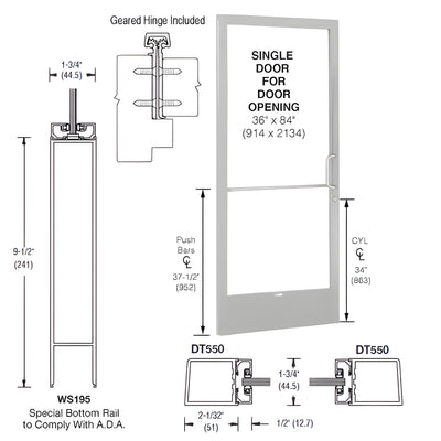 CRL-U.S. Aluminum Clear Anodized 250 Series Narrow Stile (LHR) HLSO Single 3'0 x 7'0 Offset Hung with Geared Hinged Complete ADA Door, Lock Indicator, Cylinder Guard for 1/4" Glazing
