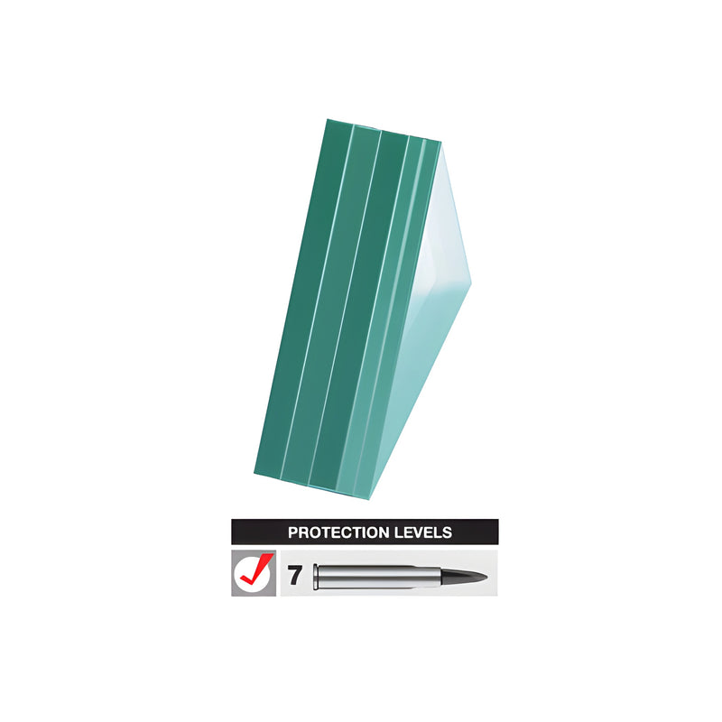 A cross-section view of clear, multi-layered bullet resistant glass clad polycarbonate with a Level 7 protection rating icon.