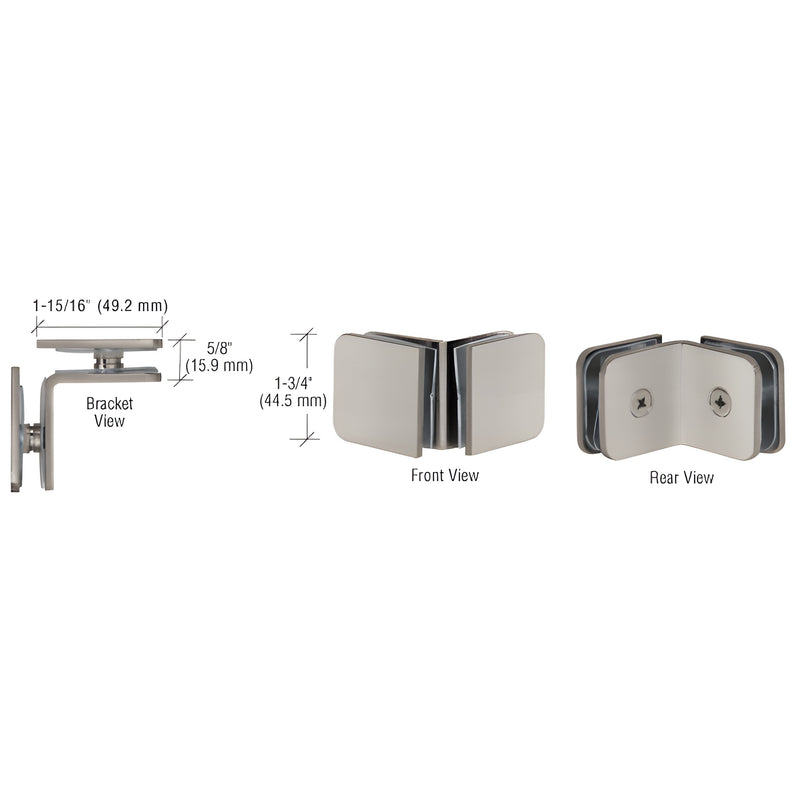 Technical diagram showing the bracket, front, and rear views of a brushed nickel 90-degree glass-to-glass clamp with dimensions.