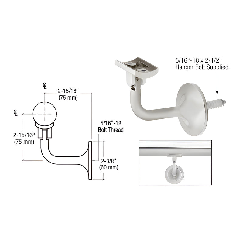 A technical diagram and product photo showing the brushed stainless steel La Jolla Series wall-mounted hand rail bracket with its adjustable components.