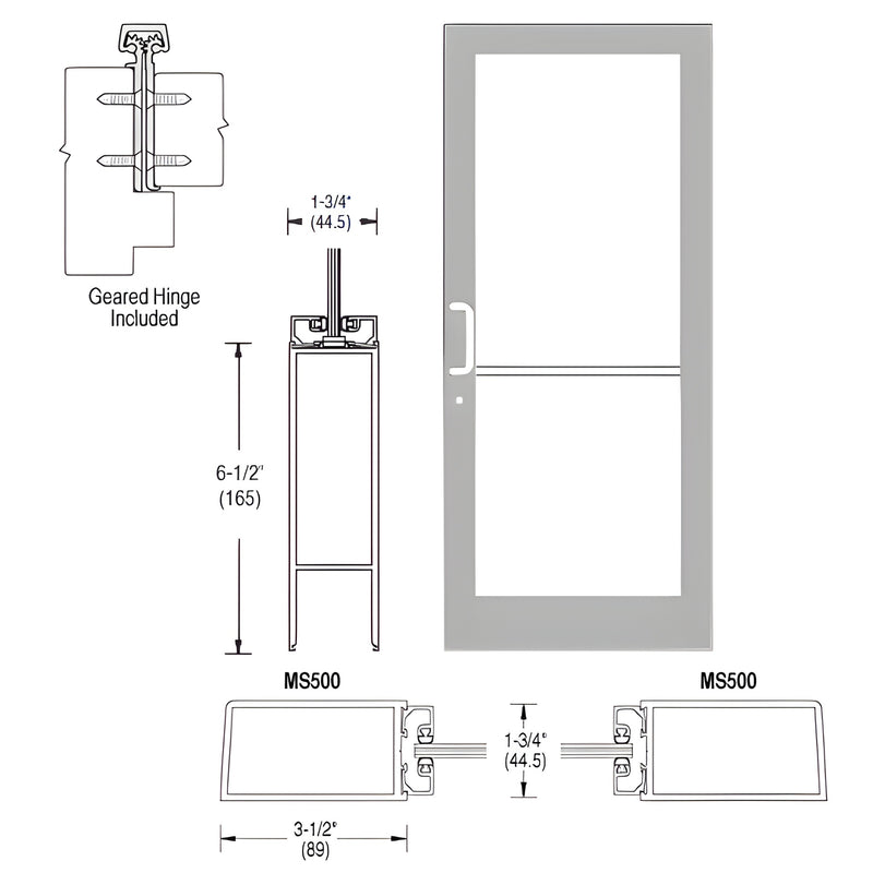 Technical diagram showing the profile and dimensions of a CRL-U.S. Aluminum 400 Series medium stile single door with geared hinge.