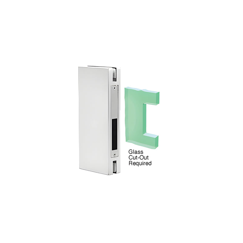 A polished stainless steel custom keeper for center locks shown next to a diagram of a required glass cut-out.