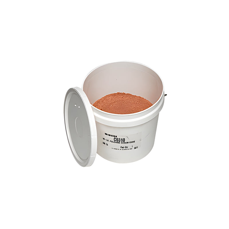A white plastic bucket filled with reddish-brown Cerium Oxide polishing powder with the lid removed.