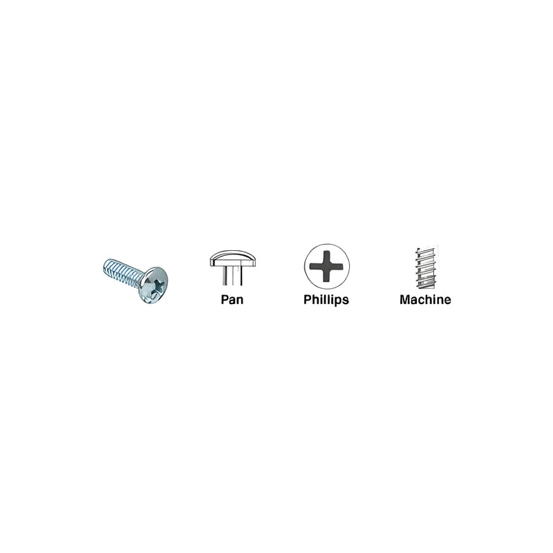 A zinc plated 6-32 x 1-1/2 inch pan head Phillips machine screw shown alongside diagrams of the head, drive, and thread types.